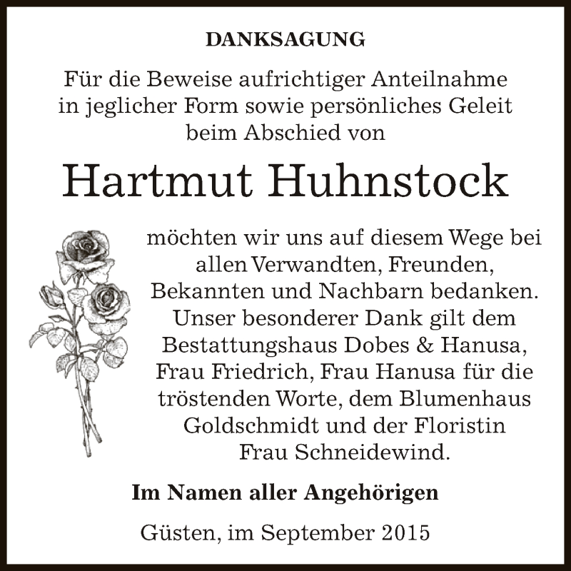  Traueranzeige für Hartmut Huhnstock vom 03.10.2015 aus Super Sonntag Bernburg