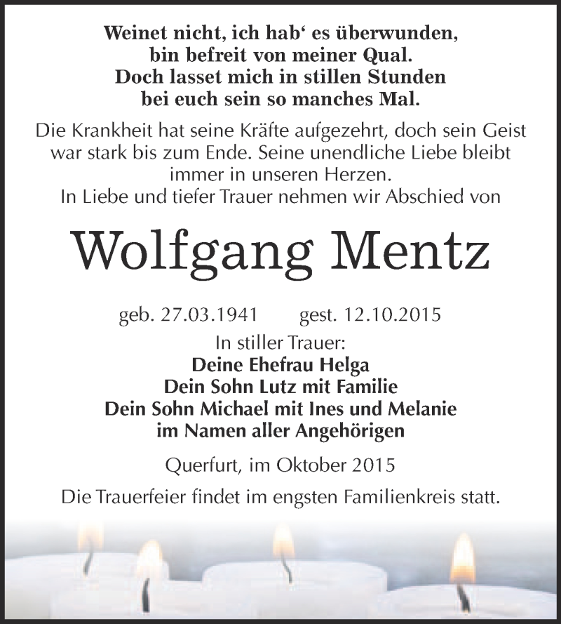  Traueranzeige für Wolfgang Mentz vom 21.10.2015 aus WVG - Wochenspiegel NMB / WSF / ZTZ