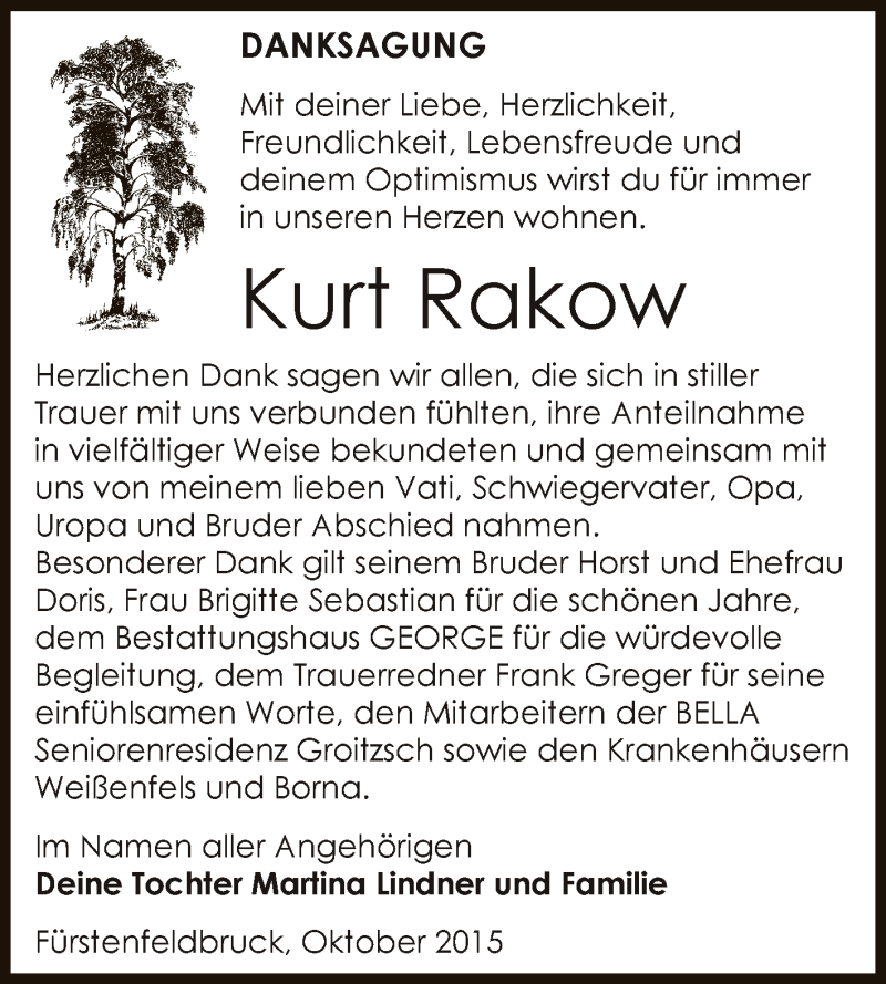  Traueranzeige für Kurt Rakow vom 24.10.2015 aus Super Sonntag Zeitz