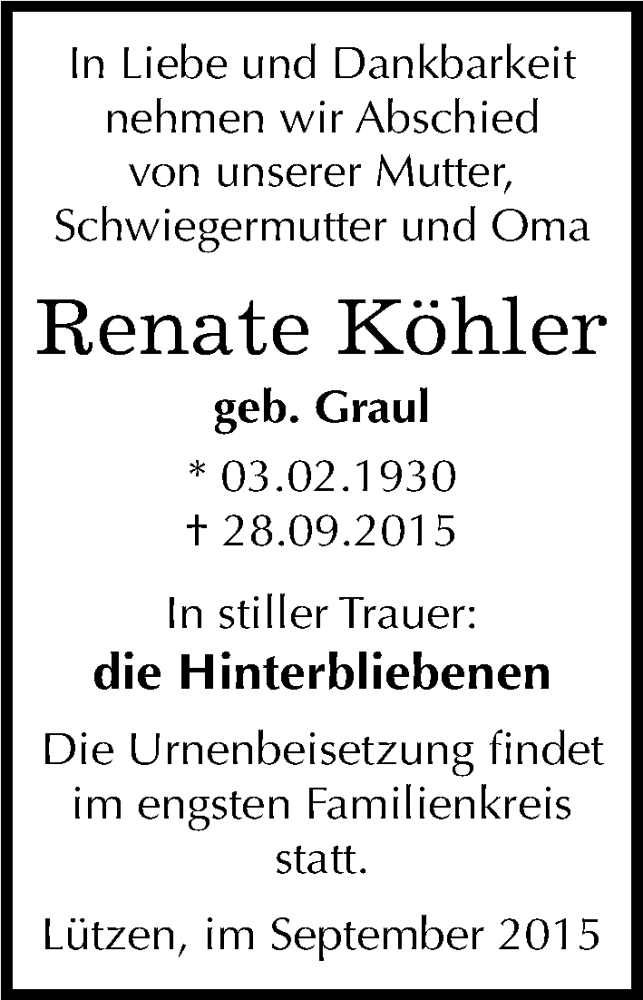  Traueranzeige für Renate Köhler vom 02.10.2015 aus Mitteldeutsche Zeitung Weißenfels
