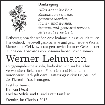 Traueranzeige von Werner Lehmann von WVG - Wochenspiegel Wittenberg
