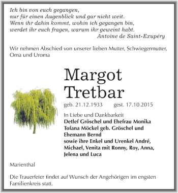 Traueranzeige von Margot Tretbar von Mitteldeutsche Zeitung Naumburg/Nebra