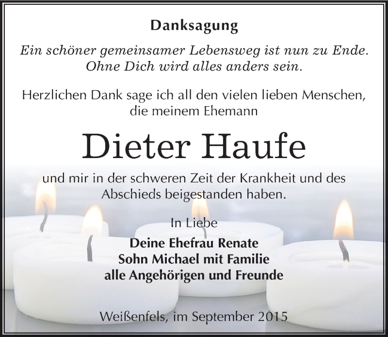  Traueranzeige für Dieter Haufe vom 03.10.2015 aus Mitteldeutsche Zeitung Weißenfels