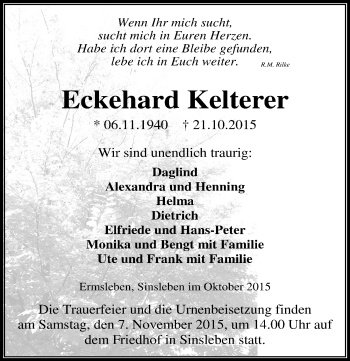 Traueranzeige von Eckehard Kelterer von Mitteldeutsche Zeitung Quedlinburg