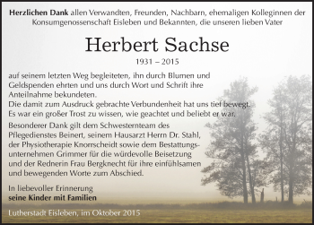 Traueranzeige von Herbert Sachse von Mitteldeutsche Zeitung Mansfelder Land