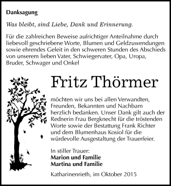 Traueranzeige von Fritz Thörmer von Mitteldeutsche Zeitung Sangerhausen