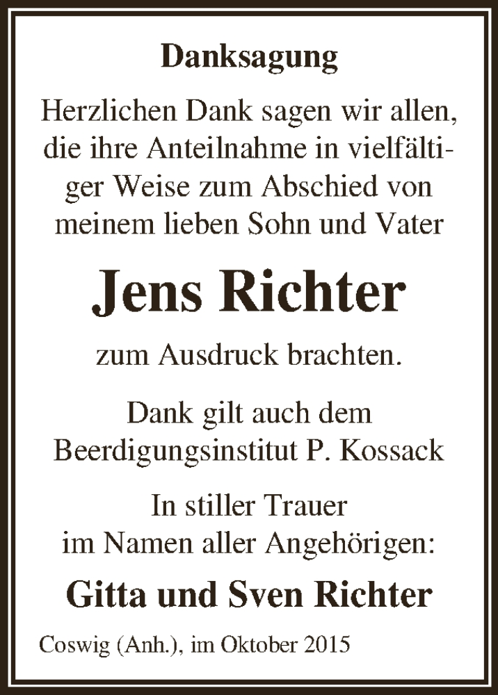  Traueranzeige für Jens Richter vom 24.10.2015 aus WVG - Wochenspiegel Dessau / Köthen