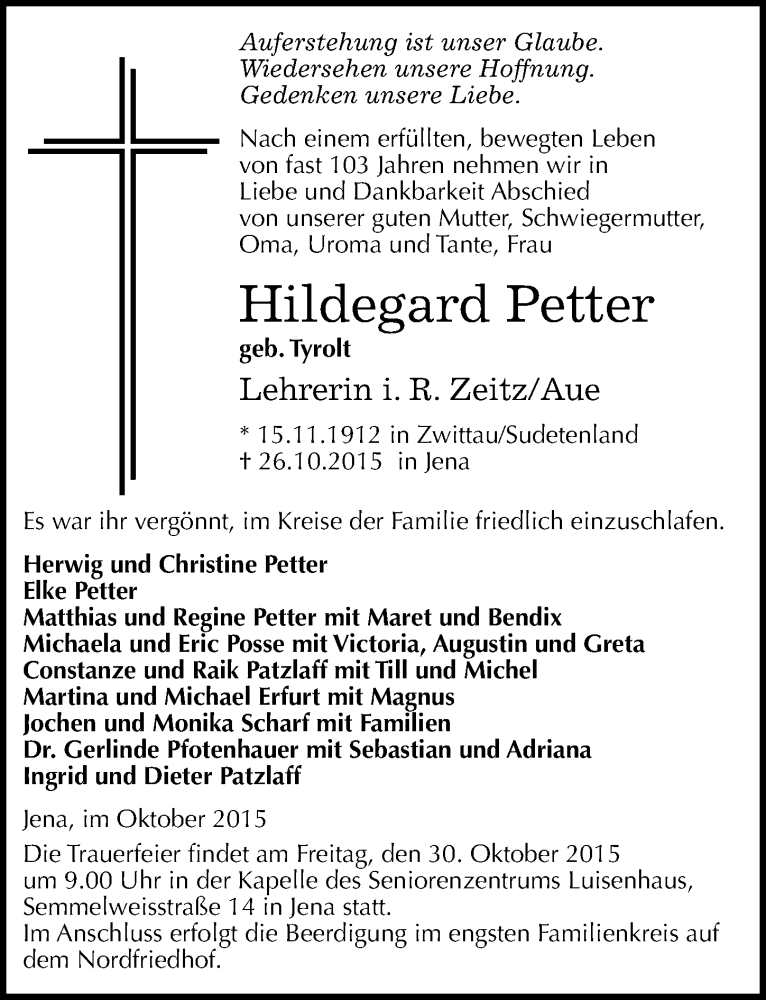  Traueranzeige für Hildegard Petter vom 28.10.2015 aus Mitteldeutsche Zeitung Zeitz