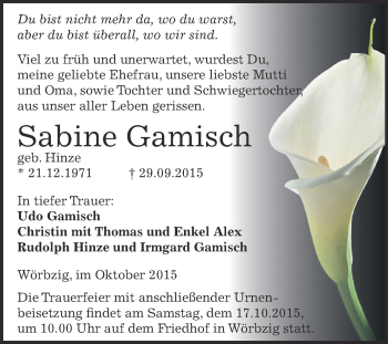 Traueranzeige von Sabine Gamisch von WVG - Wochenspiegel Dessau / Köthen