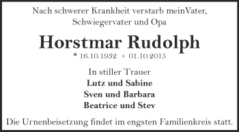 Traueranzeige von Horstmar Rudolph von WVG - Wochenspiegel Dessau / Köthen