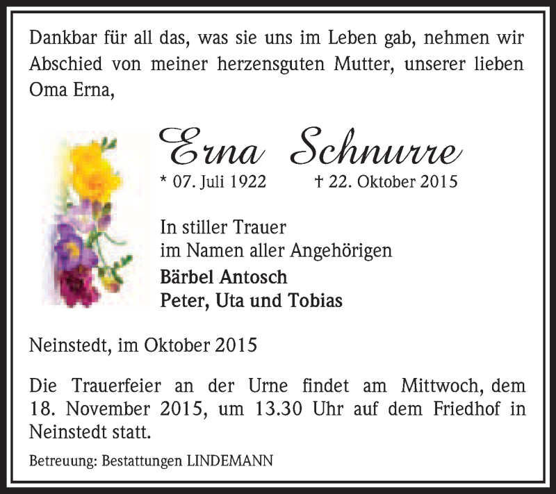  Traueranzeige für Erna Schnurre vom 31.10.2015 aus Super Sonntag Quedlinburg