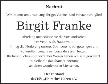 Traueranzeige von Birgit Franke von WVG - Wochenspiegel NMB / WSF / ZTZ