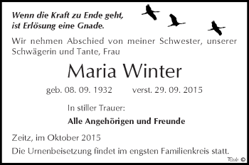 Traueranzeige von Maria Winter von Super Sonntag Zeitz