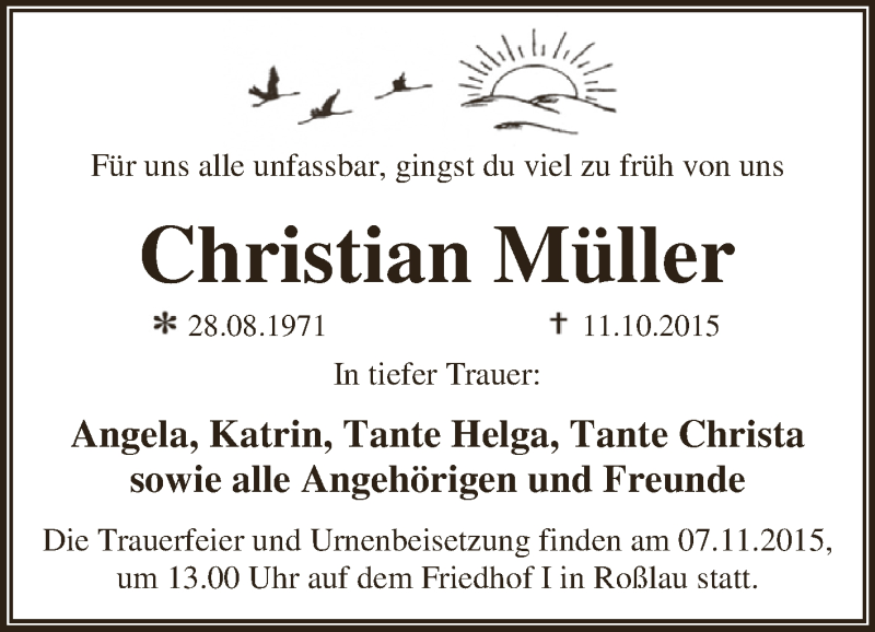  Traueranzeige für Christian Müller vom 24.10.2015 aus WVG - Wochenspiegel Dessau / Köthen