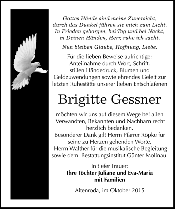 Traueranzeige von Brigitta Gessner von Mitteldeutsche Zeitung Naumburg/Nebra
