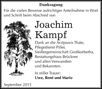 Traueranzeige von Joachim Kampf von Mitteldeutsche Zeitung Weißenfels