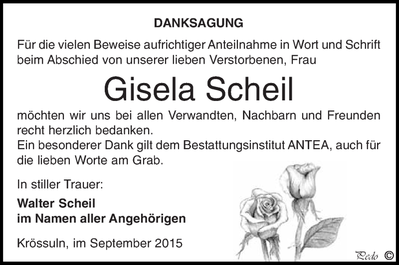  Traueranzeige für Gisela Scheil vom 07.10.2015 aus WVG - Wochenspiegel NMB / WSF / ZTZ