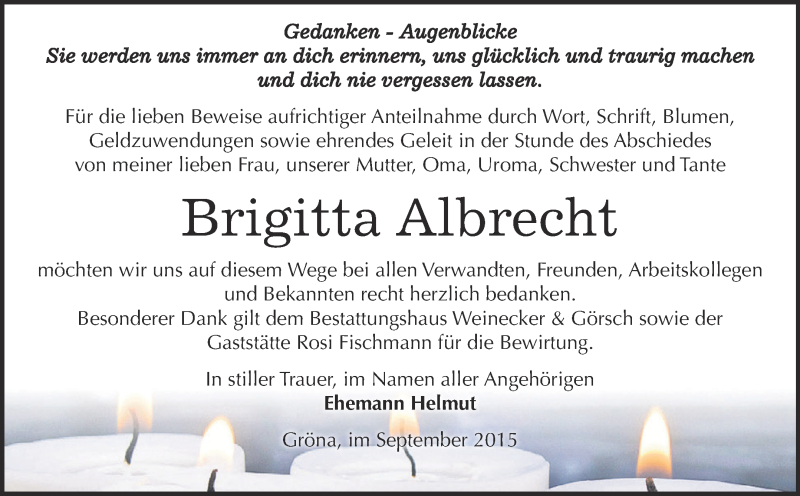  Traueranzeige für Brigitta Albrecht vom 03.10.2015 aus Super Sonntag Bernburg