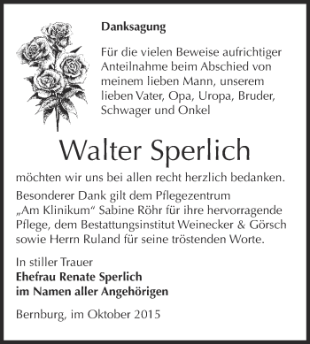 Traueranzeige von Walter Sperlich von Super Sonntag Bernburg