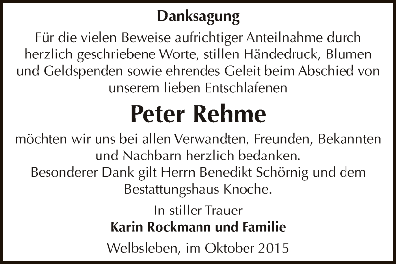  Traueranzeige für Peter Rehme vom 03.10.2015 aus Super Sonntag Aschersleben