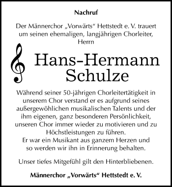 Traueranzeige von Hans-Hermann Schulze von Mitteldeutsche Zeitung Mansfelder Land