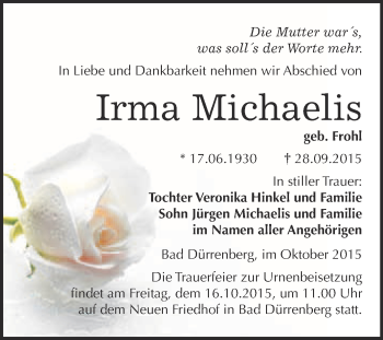 Traueranzeige von Irma Michaelis von Super Sonntag Merseburg