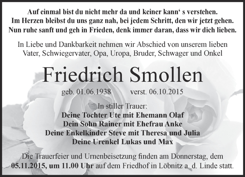  Traueranzeige für Friedrich Smollen vom 17.10.2015 aus WVG - Wochenspiegel Dessau / Köthen