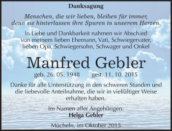 Traueranzeige von Manfred Gebler von Mitteldeutsche Zeitung Merseburg/Querfurt
