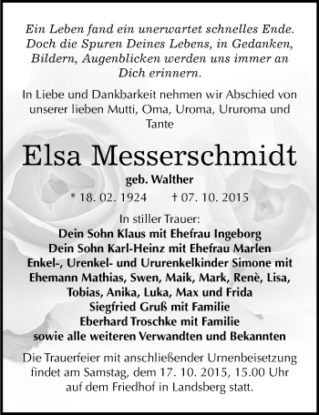 Traueranzeige von Elsa Messerschmidt von Mitteldeutsche Zeitung Halle/Saalkreis