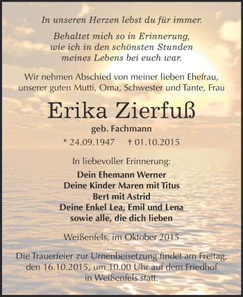 Traueranzeige von Erika Zierfuß von WVG - Wochenspiegel NMB / WSF / ZTZ