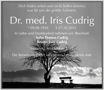 Traueranzeige von Iris Cudrig von Mitteldeutsche Zeitung Mansfelder Land