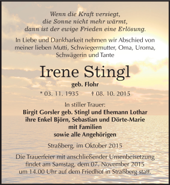 Traueranzeige von Irene Stingl von Mitteldeutsche Zeitung Quedlinburg