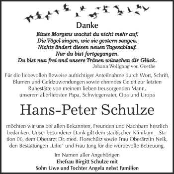 Traueranzeige von Hans-Peter Schulze von WVG - Wochenspiegel Dessau / Köthen