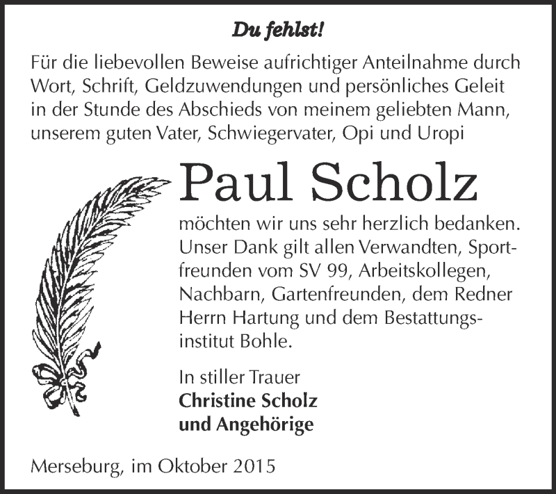  Traueranzeige für Paul Scholz vom 21.10.2015 aus WVG - Wochenspiegel Merseburg