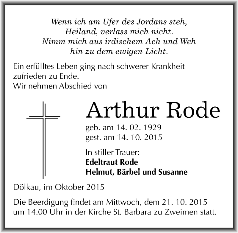  Traueranzeige für Arthur Rode vom 17.10.2015 aus Mitteldeutsche Zeitung Merseburg/Querfurt