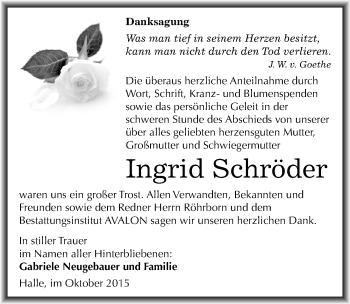 Traueranzeige von Ingrid Schröder von Mitteldeutsche Zeitung Halle/Saalkreis