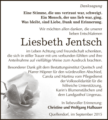 Traueranzeige von Liesbeth Jentsch von WVG - Wochenspiegel Dessau / Köthen