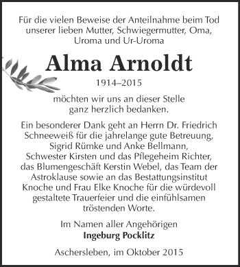 Traueranzeige von Alma Arnoldt von Super Sonntag Aschersleben