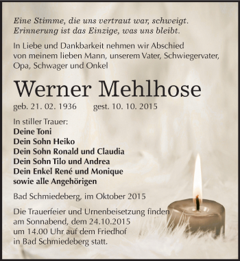 Traueranzeige von Werner Mehlhose von Mitteldeutsche Zeitung Wittenberg