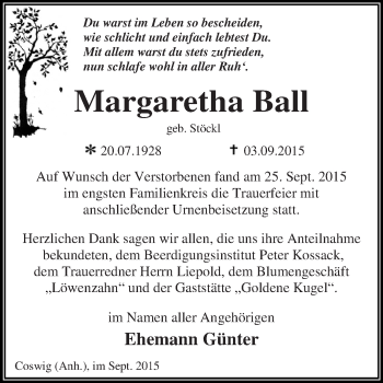 Traueranzeige von Margaretha Ball von WVG - Wochenspiegel Dessau / Köthen