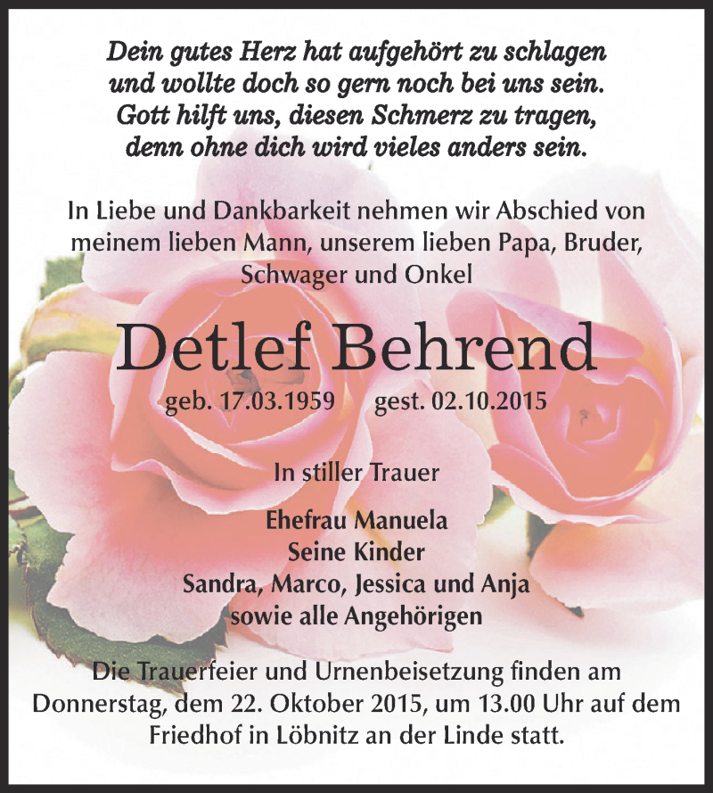  Traueranzeige für Detlef Behrend vom 10.10.2015 aus WVG - Wochenspiegel Dessau / Köthen