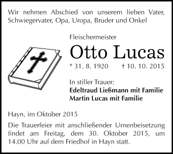 Traueranzeige von Otto Lucas von WVG - Wochenspiegel Quedlinburg