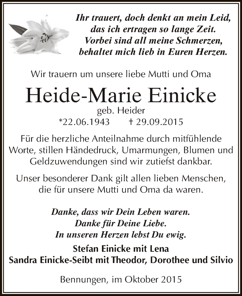  Traueranzeige für Heide-Marie Einicke vom 24.10.2015 aus Super Sonntag SGH Mansf. Land