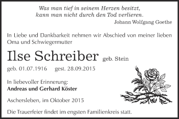 Traueranzeige von Ilse Schreiber von Super Sonntag Aschersleben