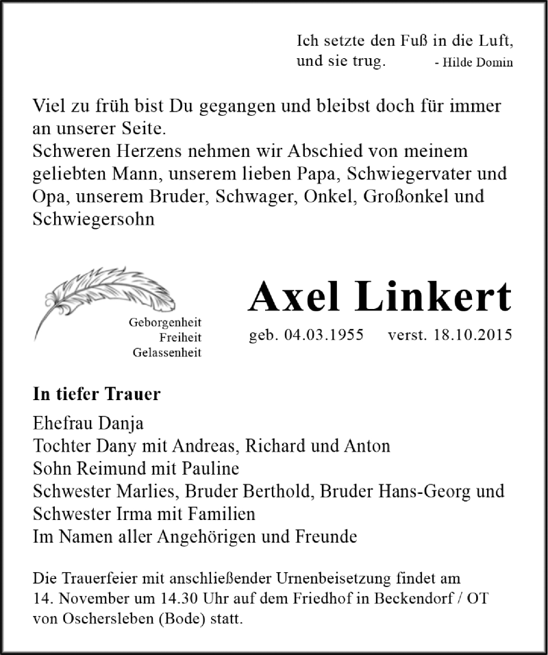  Traueranzeige für Axel Linkert vom 30.10.2015 aus Mitteldeutsche Zeitung Halle/Saalkreis