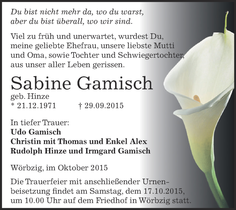  Traueranzeige für Sabine Gamisch vom 10.10.2015 aus WVG - Wochenspiegel Dessau / Köthen