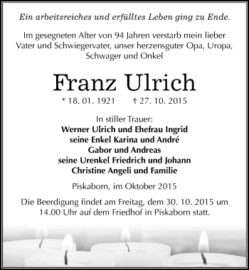 Traueranzeige von Franz Ulrich von Mitteldeutsche Zeitung Mansfelder Land