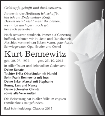 Traueranzeige von Kurt Bennewitz von WVG - Wochenspiegel Wittenberg