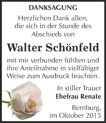 Traueranzeige von Walter Schönfeld von Super Sonntag Bernburg