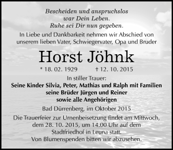 Traueranzeige von Horst Jöhnk von Mitteldeutsche Zeitung Merseburg/Querfurt